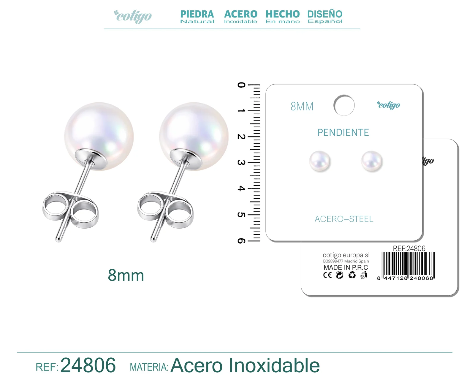 PENDIENTE DE PERLA REDONDA 8MM CON ACCESORIO ACERO
