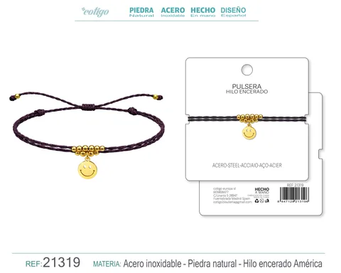 PULSERA HILO ENCERADO CON COLGANTE CARA SONRIENTE ACERO DORADO