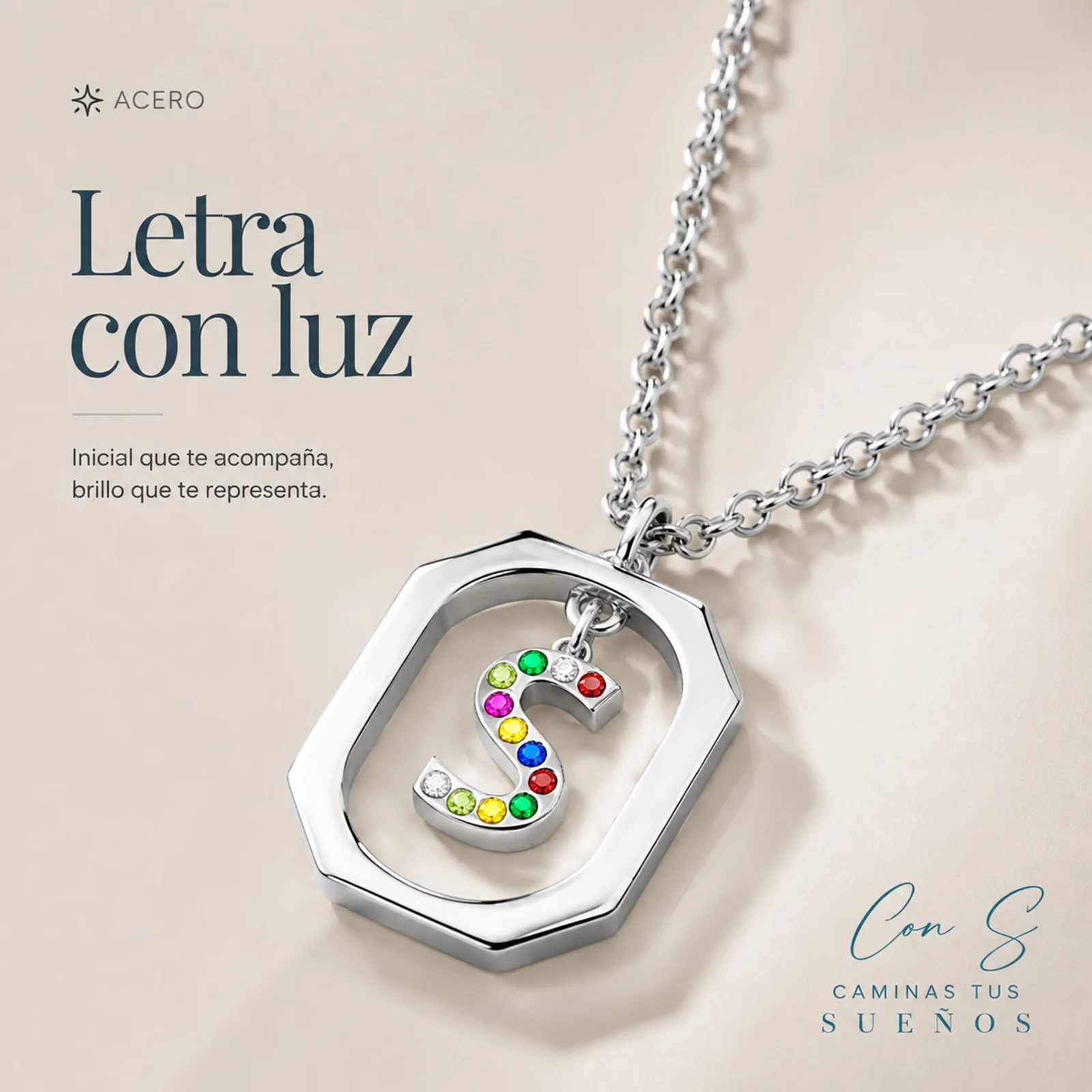 COLLAR INICIAL LETRA S ACERO CON SOBRE