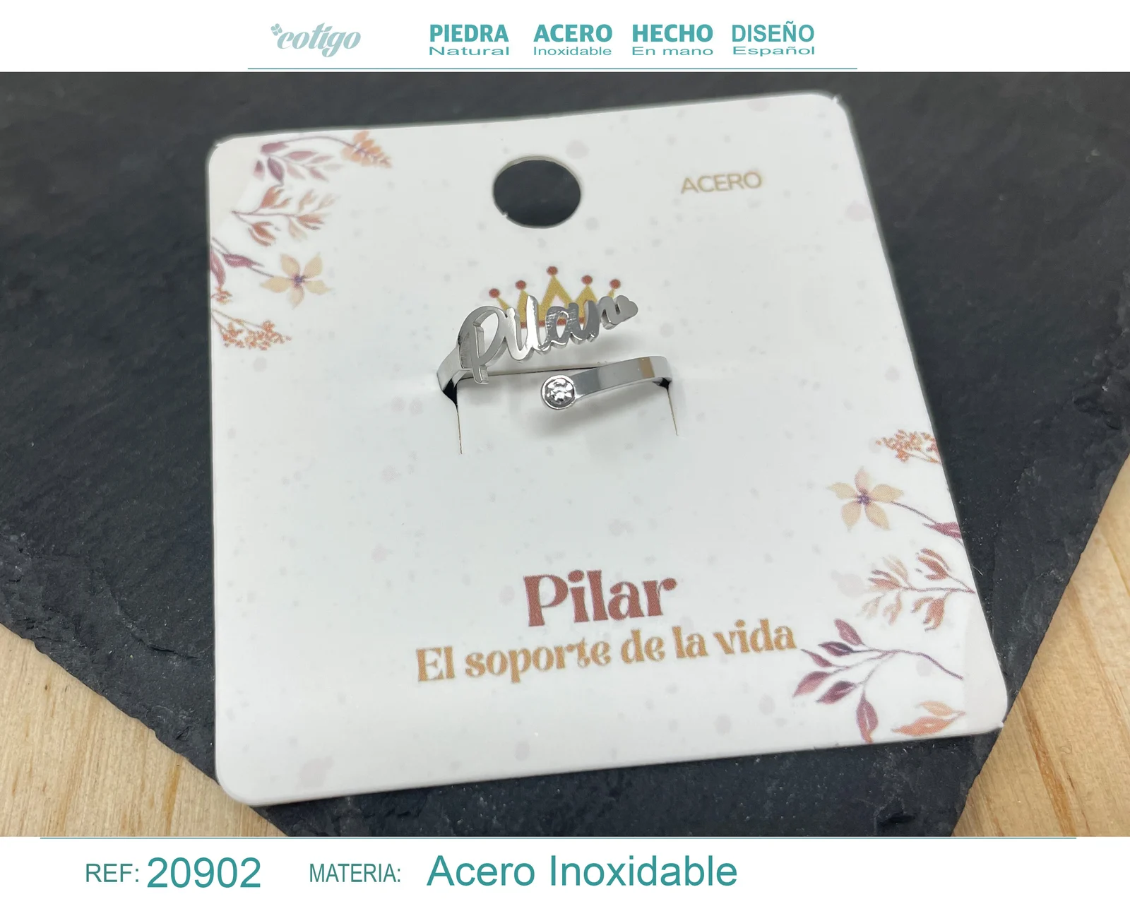 ANILLO NOMBRE PILAR ACERO COLOR PLATEADO