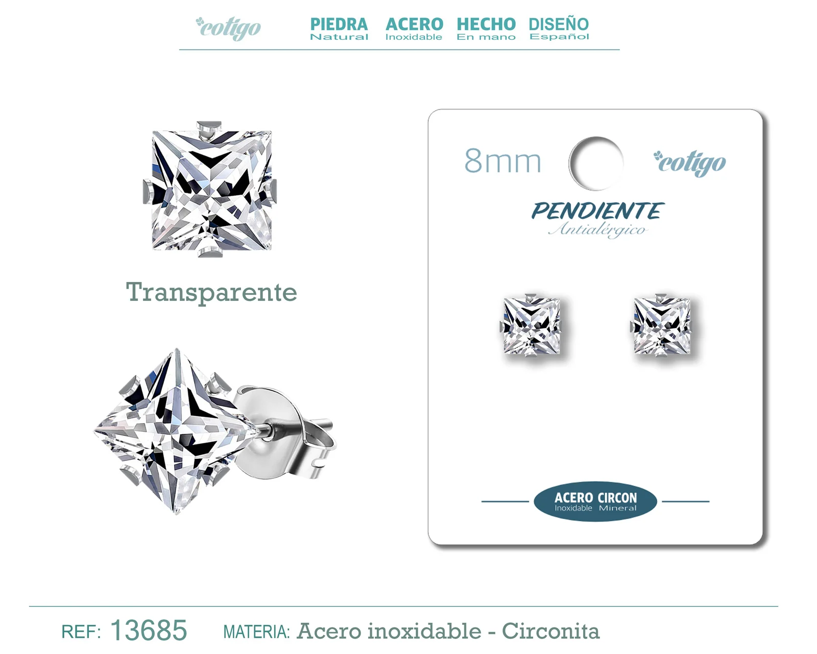 PENDIENTE CIRCONITA CUADRADO-TRANSPARENTE-8MM-BASE ACERO PLATEADO