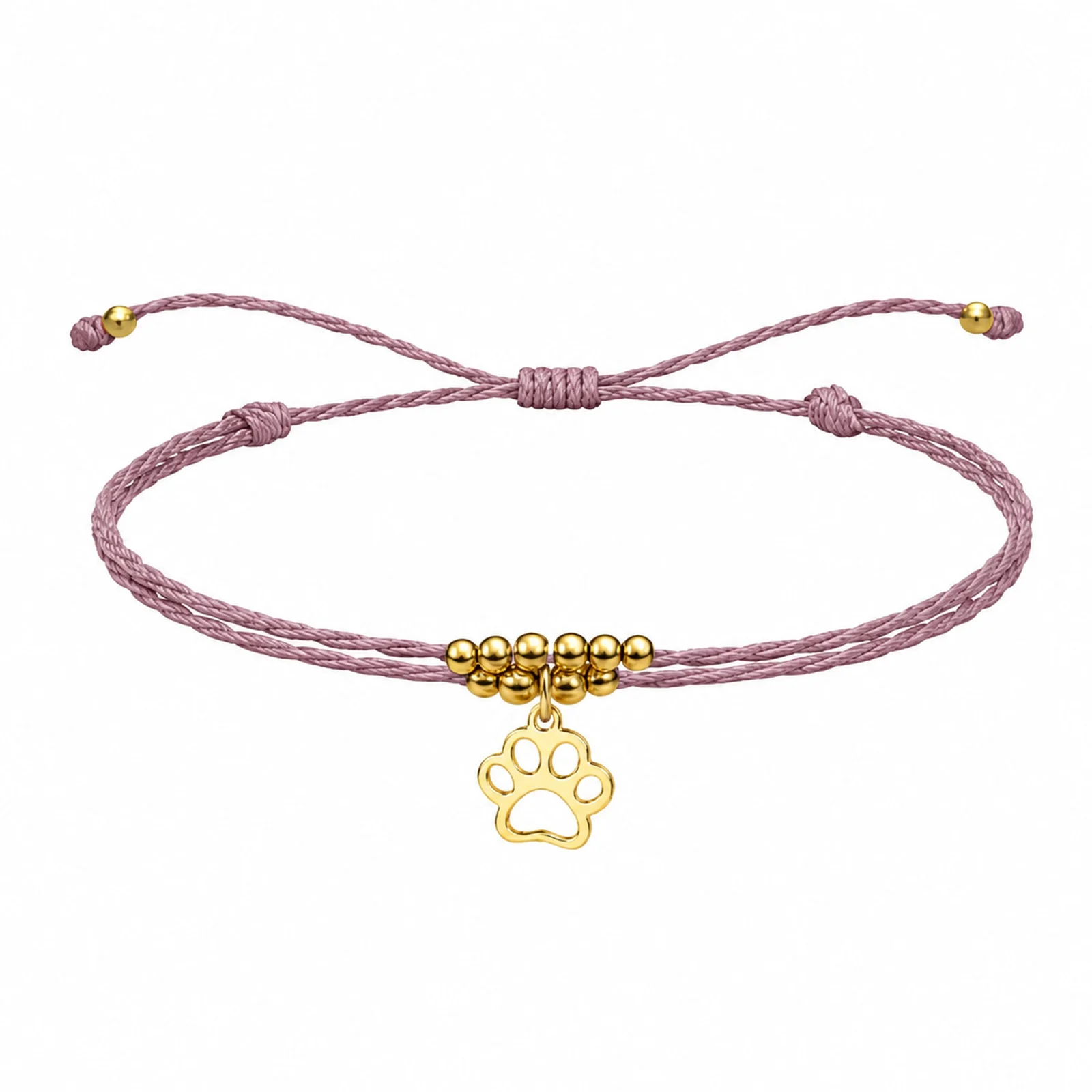 PULSERA HILO ENCERADO CON COLGANTE HUELLA DE GATO ACERO DORADO