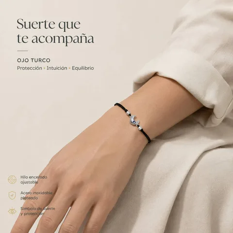 Pulsera Hilo encerado Negro CON OJO TURCO Plateado