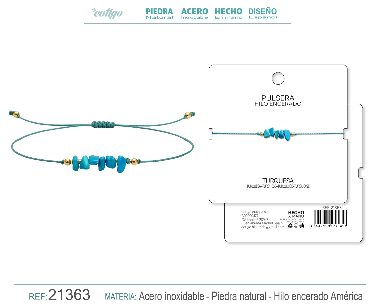 PULSERA HILO ENCERADO CON TURQUESA