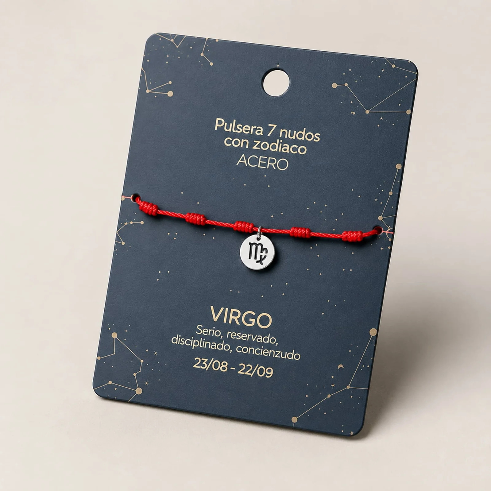 PULSERA 7 NUDOS CON VIRGO ACERO. COLOR PLATEADO