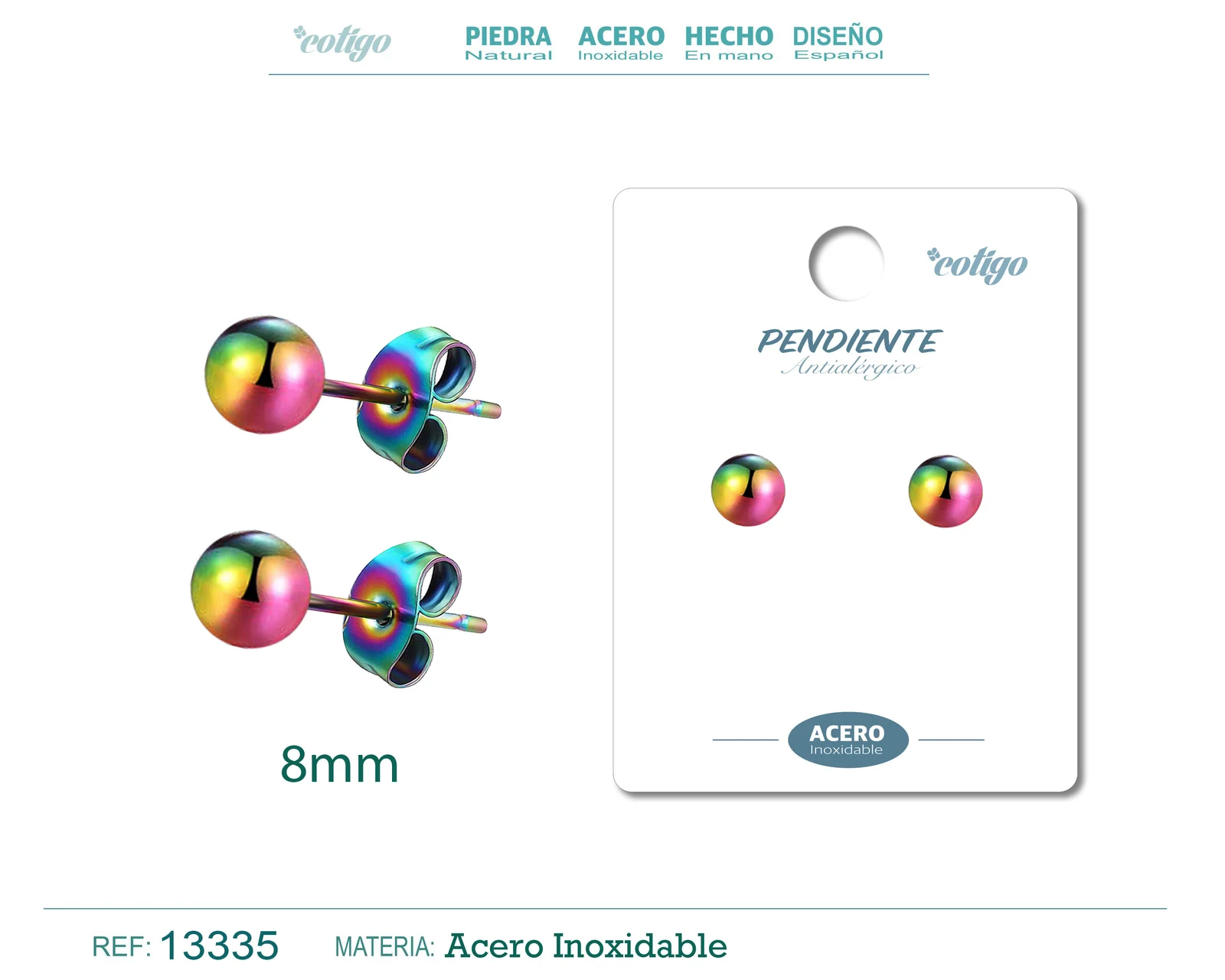 PENDIENTE BOLA 8MM ACERO MULTICOLOR