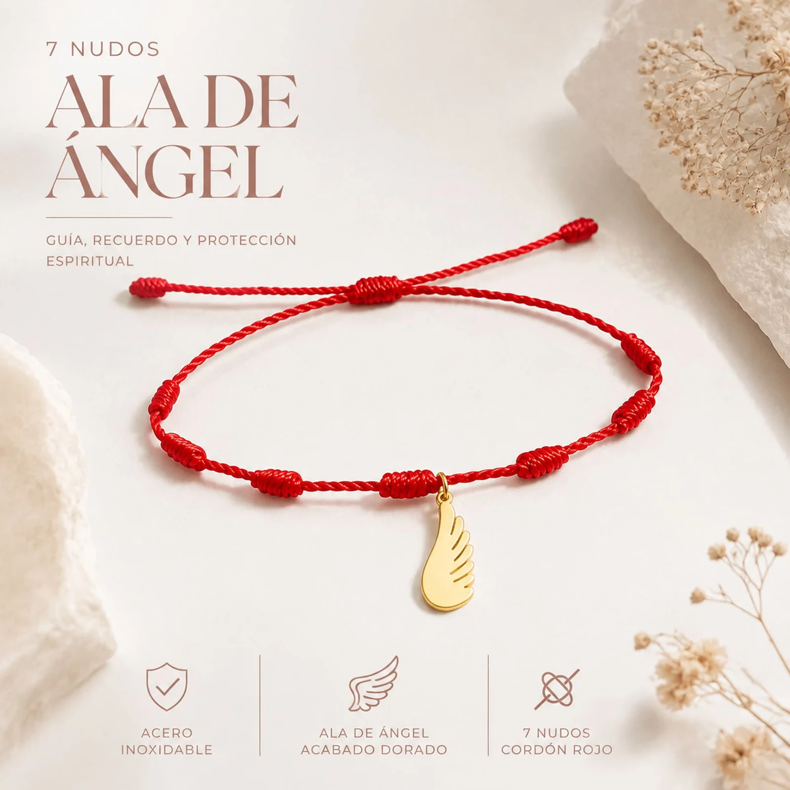 PULSERA 7 NUDOS CON ALA DE ÁNGEL COLOR DORADO