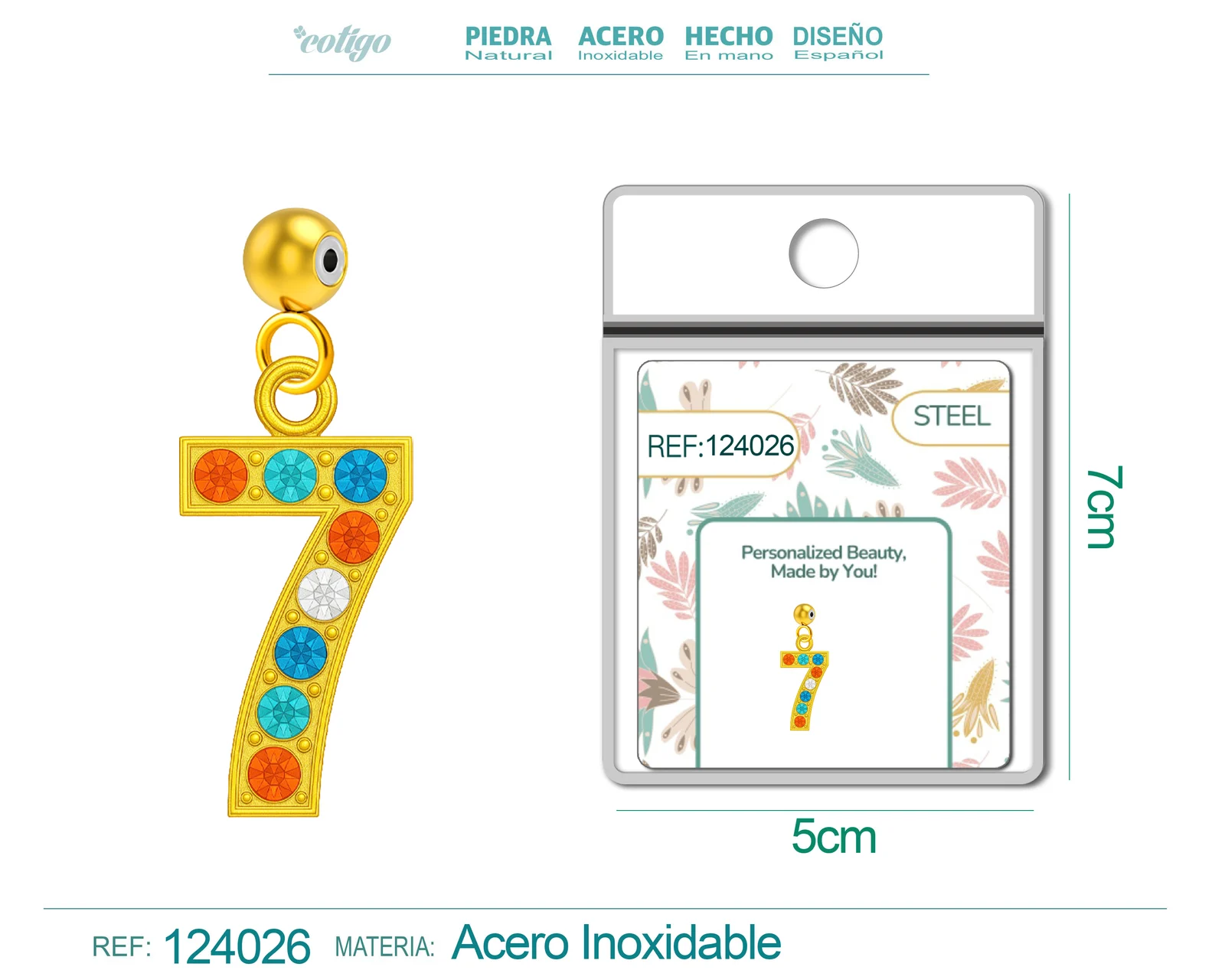 CHARM DE NÚMERO 7 ACERO COLOR DORADO CON CIRCONITA-CON BOLA DE GOMA