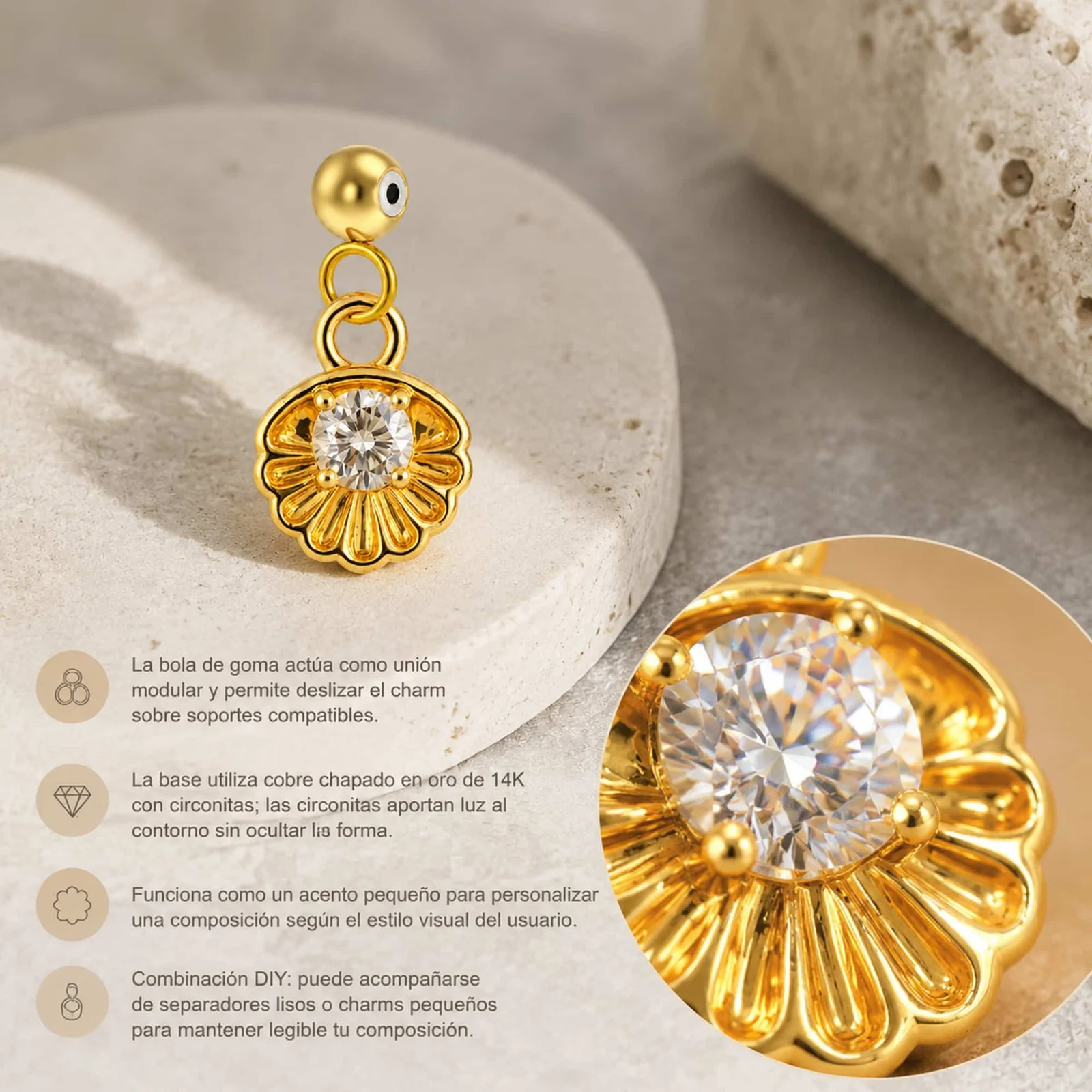 CHARM DE COBRE CHAPADO ORO 14K CON CIRCONITA-CON BOLA DE GOMA