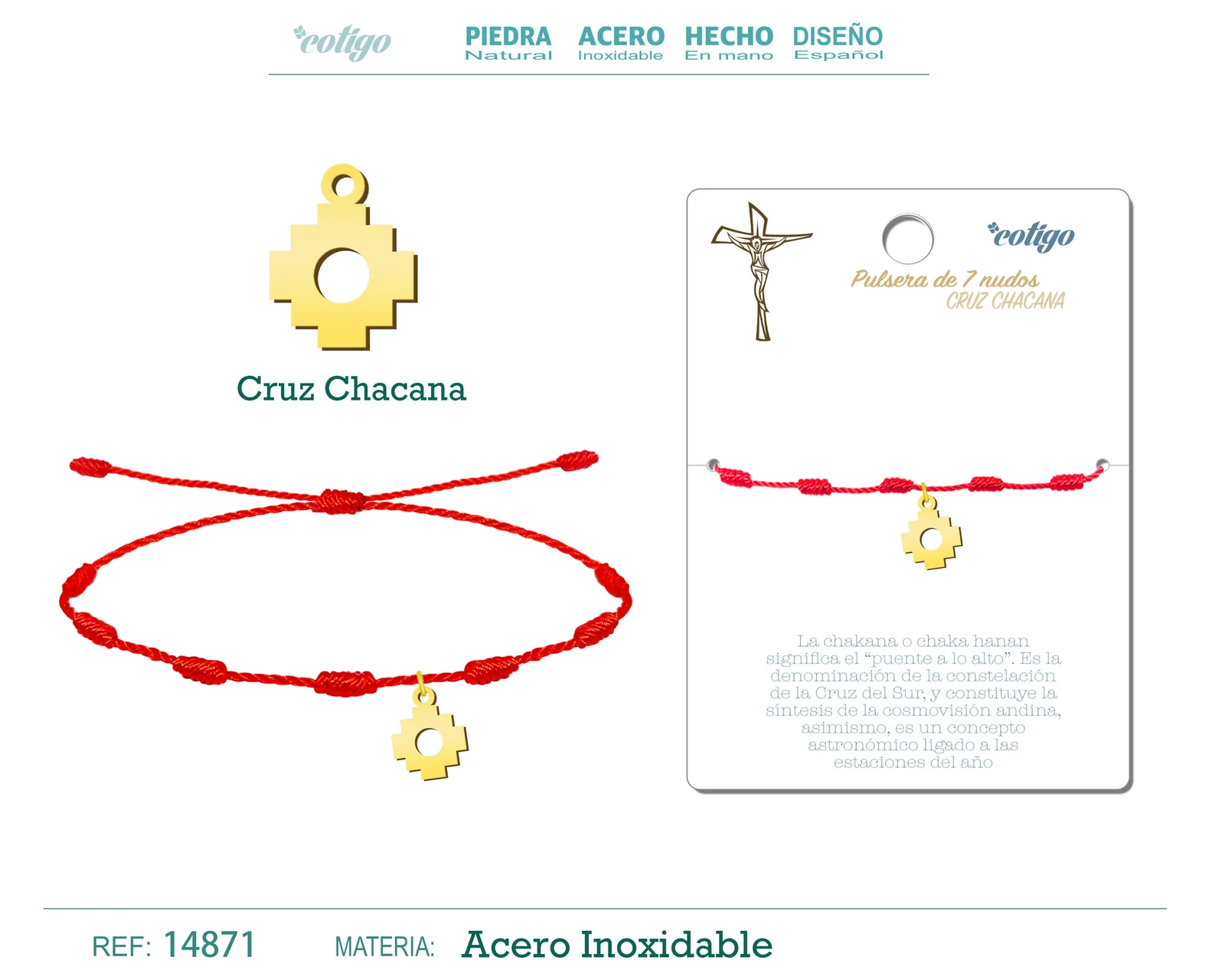 PULSERA 7 NUDOS CON CRUZ CHACANA COLOR DORADO