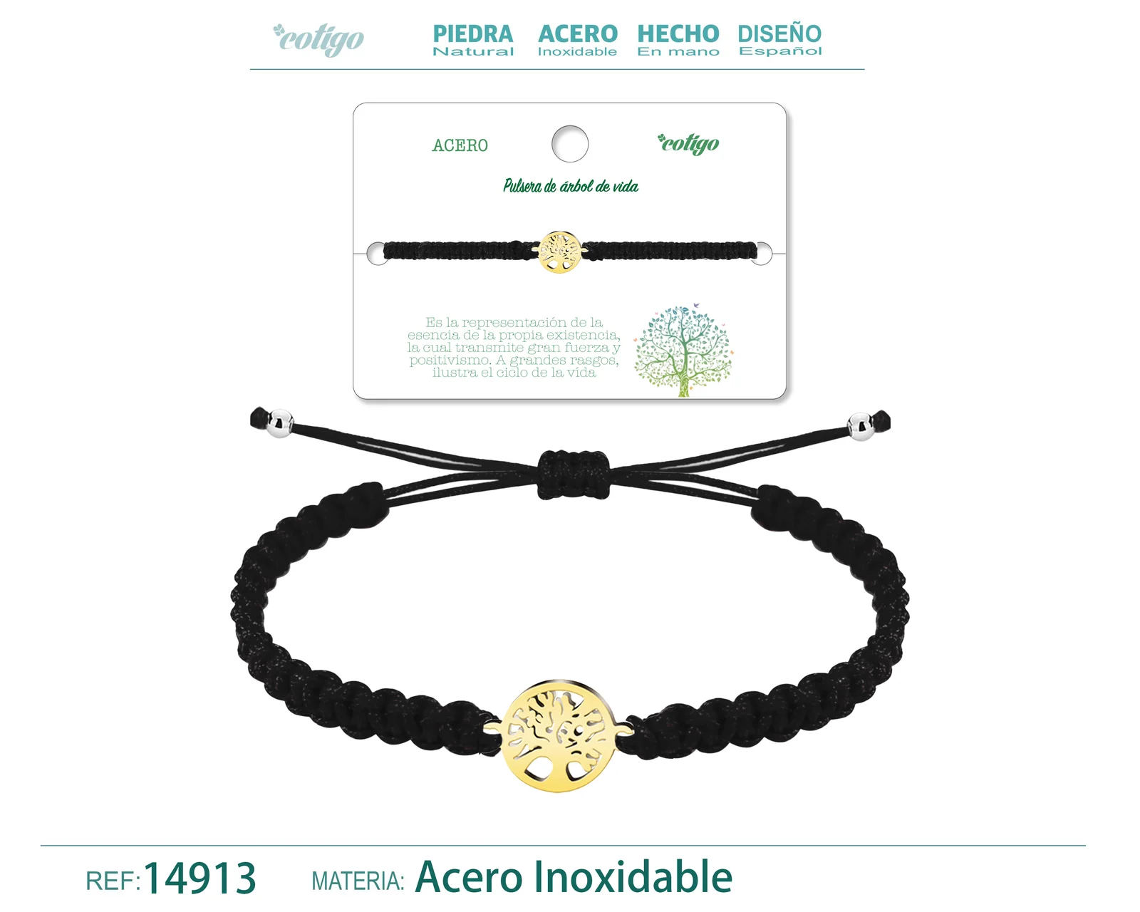PULSERA HILO TRENZADONEGRO-ARBOL DE VIDA DORADO