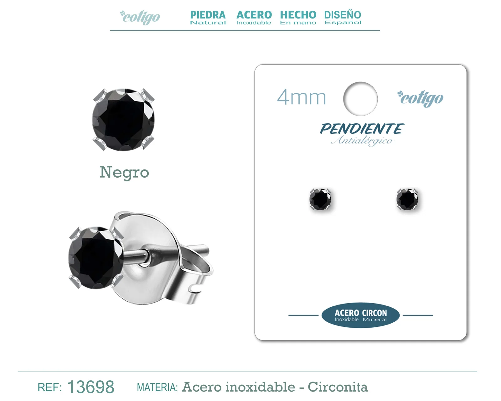PENDIENTE CIRCONITA REDONDO-NEGRO-4MM-BASE ACERO PLATEADO