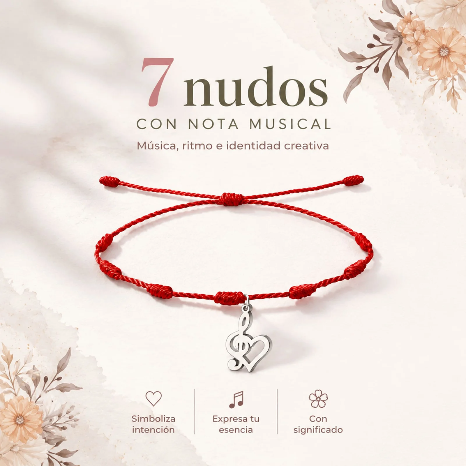 PULSERA 7 NUDOS CON NOTA MUSICAL COLOR PLATEADO