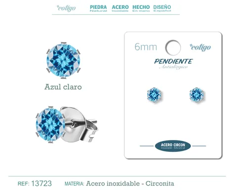 PENDIENTE CIRCONITA REDONDO-AZUL CLARO-6MM-BASE ACERO PLATEADO