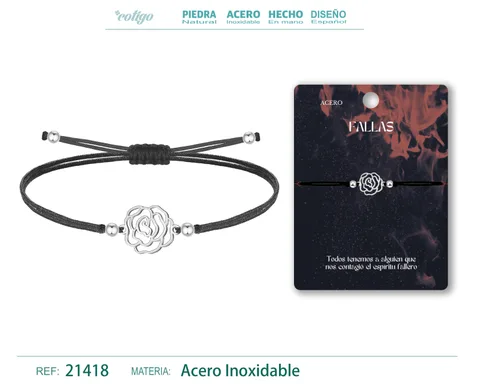 PULSERA HILO ENCERADO CON FLOR DE CLAVEL ACERO PLATEADO