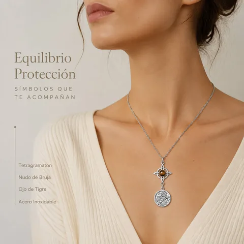 COLLAR TETRAGRÁMATON CON NUDO DE BRUJA ACERO INOXIDABLE Y PIEDRA OJO DE TIGRE