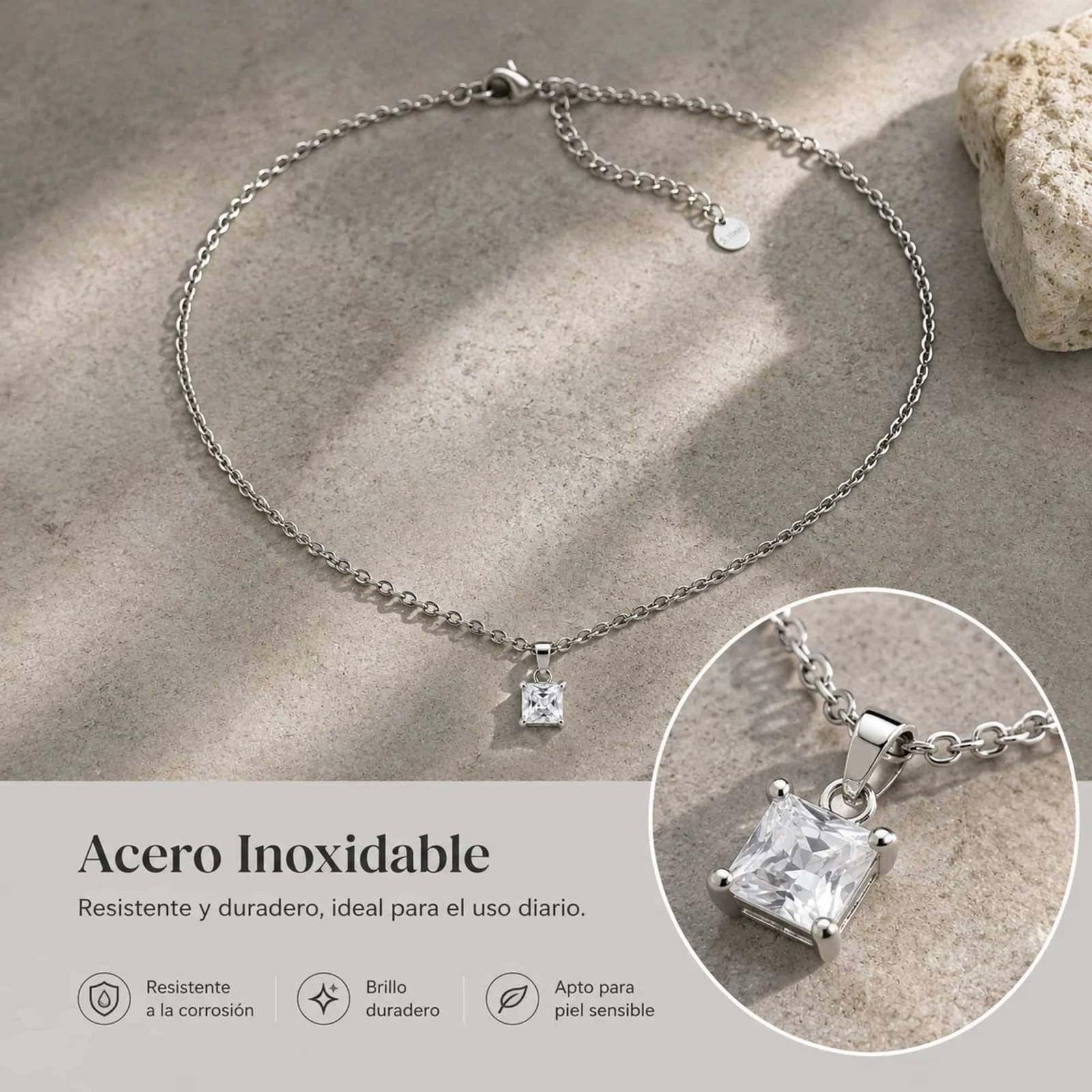 Colgangte Cobre con Circonita Colar Plateado y Cadena Acero