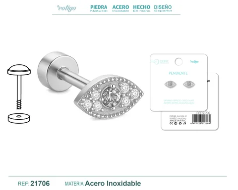 PENDIENTE ACERO  COLOR PLATEADO CON CIERRE ROSCA