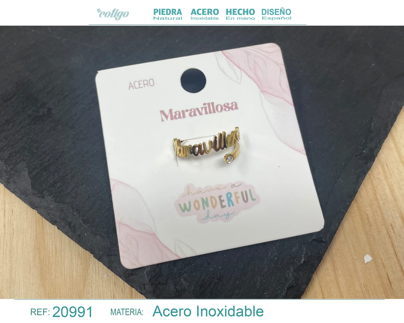 ANILLO CON PALABRA MARAVILLOSA ACERO COLOR DORADO