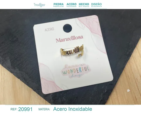 ANILLO CON PALABRA MARAVILLOSA ACERO COLOR DORADO