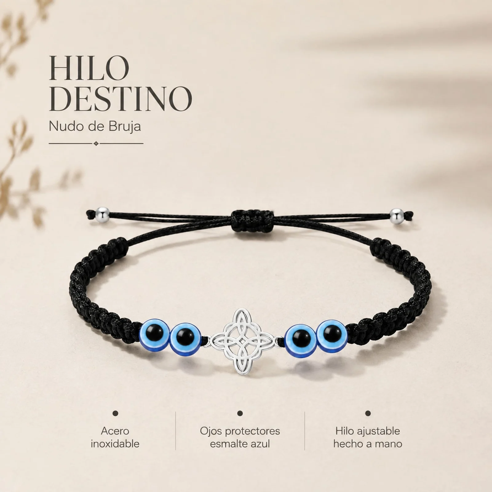 PULSERA HILO DESTINO CON OJO DE TURCO YNUDO DE BRUJA ACERO PLATEADO