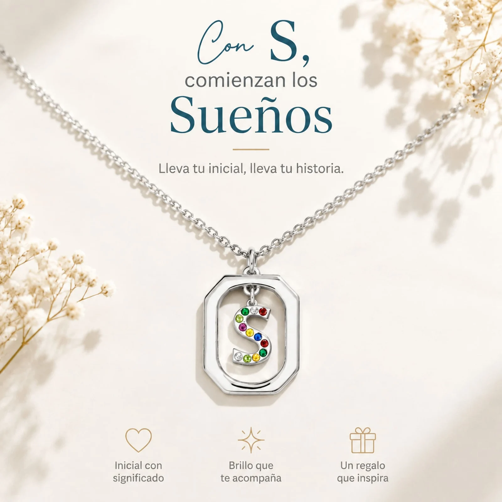 COLLAR INICIAL LETRA S ACERO CON SOBRE
