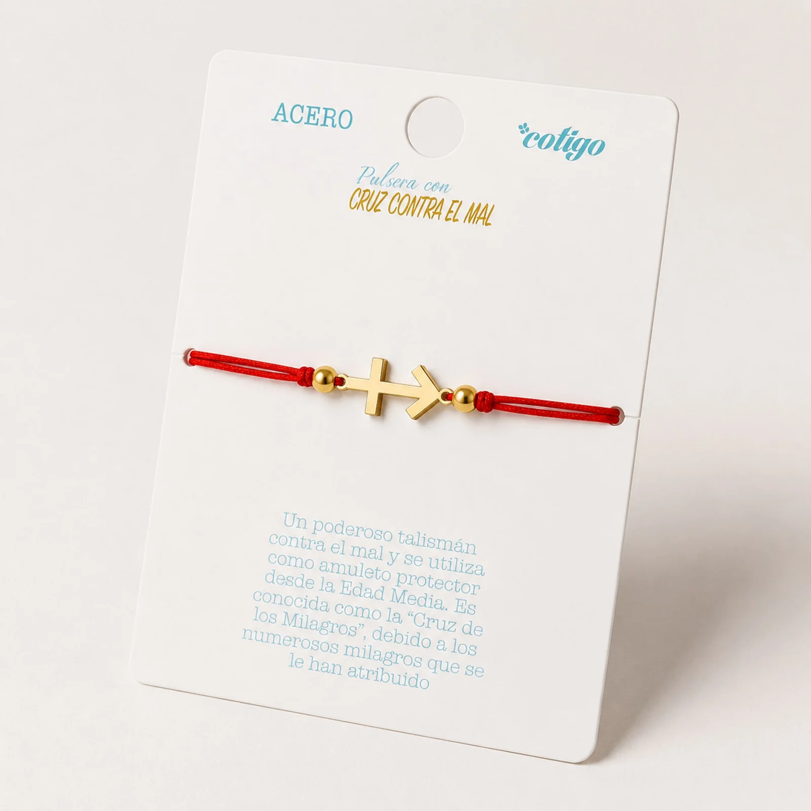 PULSERA CRUZ CONTRA EL MAL DORADO DE HILO EN.ROJO