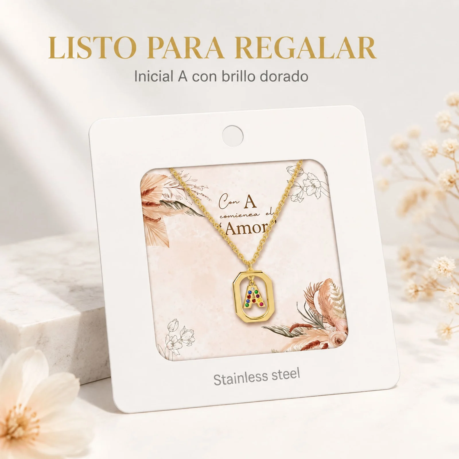 COLLAR INICIAL LETRA A ACERO CON SOBRE