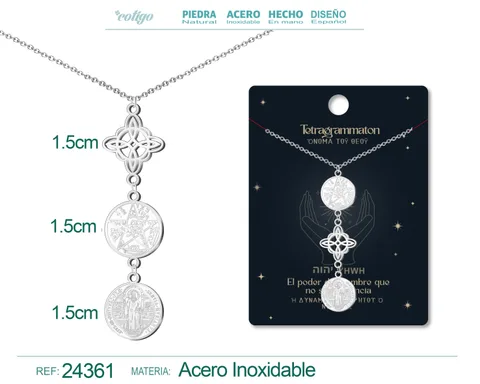 COLGANTE DE TETRAGRAMATON + NUDO DE BRUJA + SAN BENITO ACERO PLATEADO