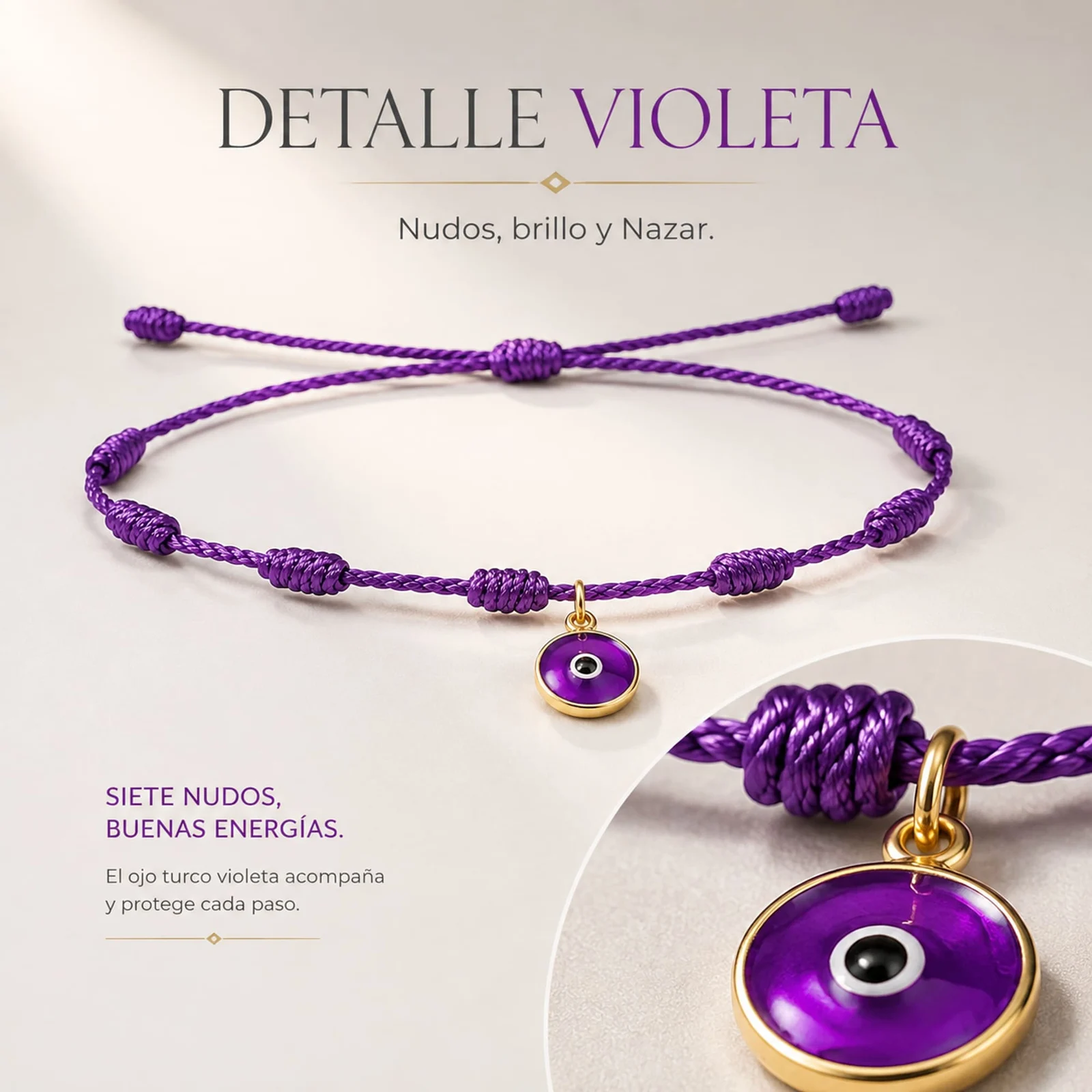 PULSERA 7 NUDOS VIOLETA CON COLGANTE DE OJO TURCO