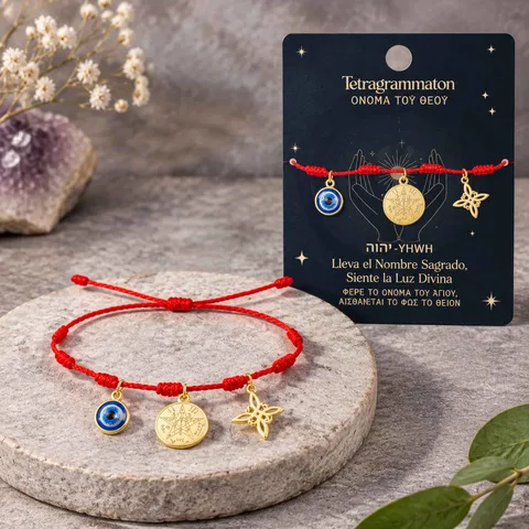PULSERA 7 NUDOS CON TETRAGRÁMATON  NUDO DE BRUJA Y OJO TURCO ACERO DORADO