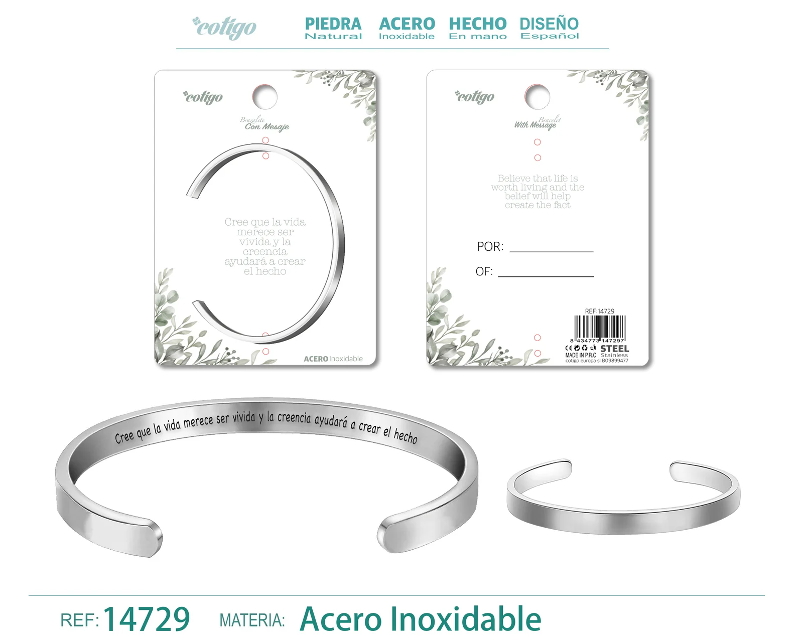 BRAZALETE ACERO CON MENSAJE ESPAÑOL