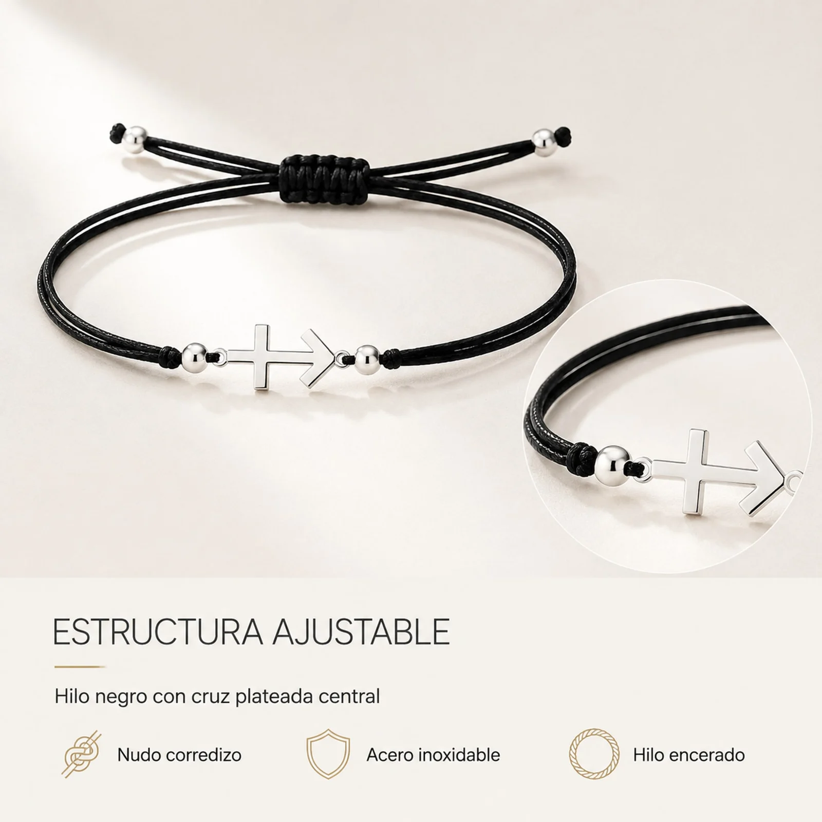 PULSERA CRUZ CONTRA EL MAL PLATEADO DE HILO EN.NEGRO