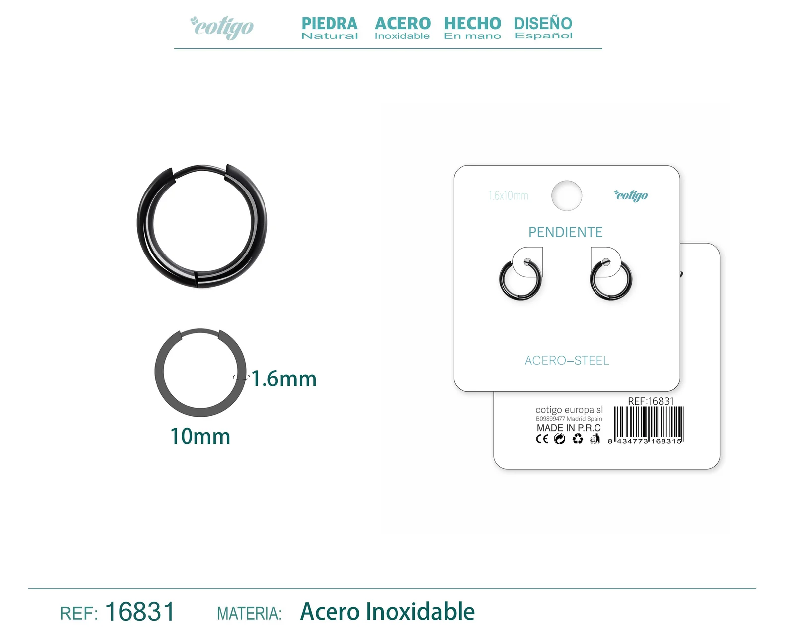 PENDIENTE ARO ACERO 1.6X10 MM NEGRO