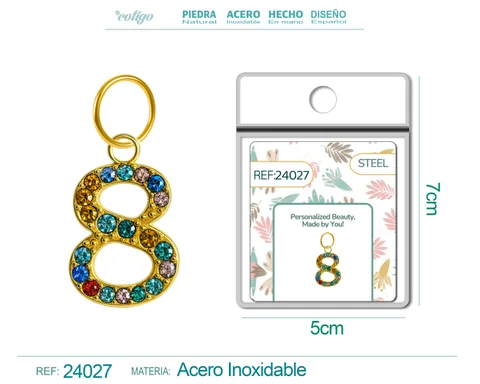 CHARM DE NÚMERO 8 ACERO COLOR DORADO CON CIRCONITA