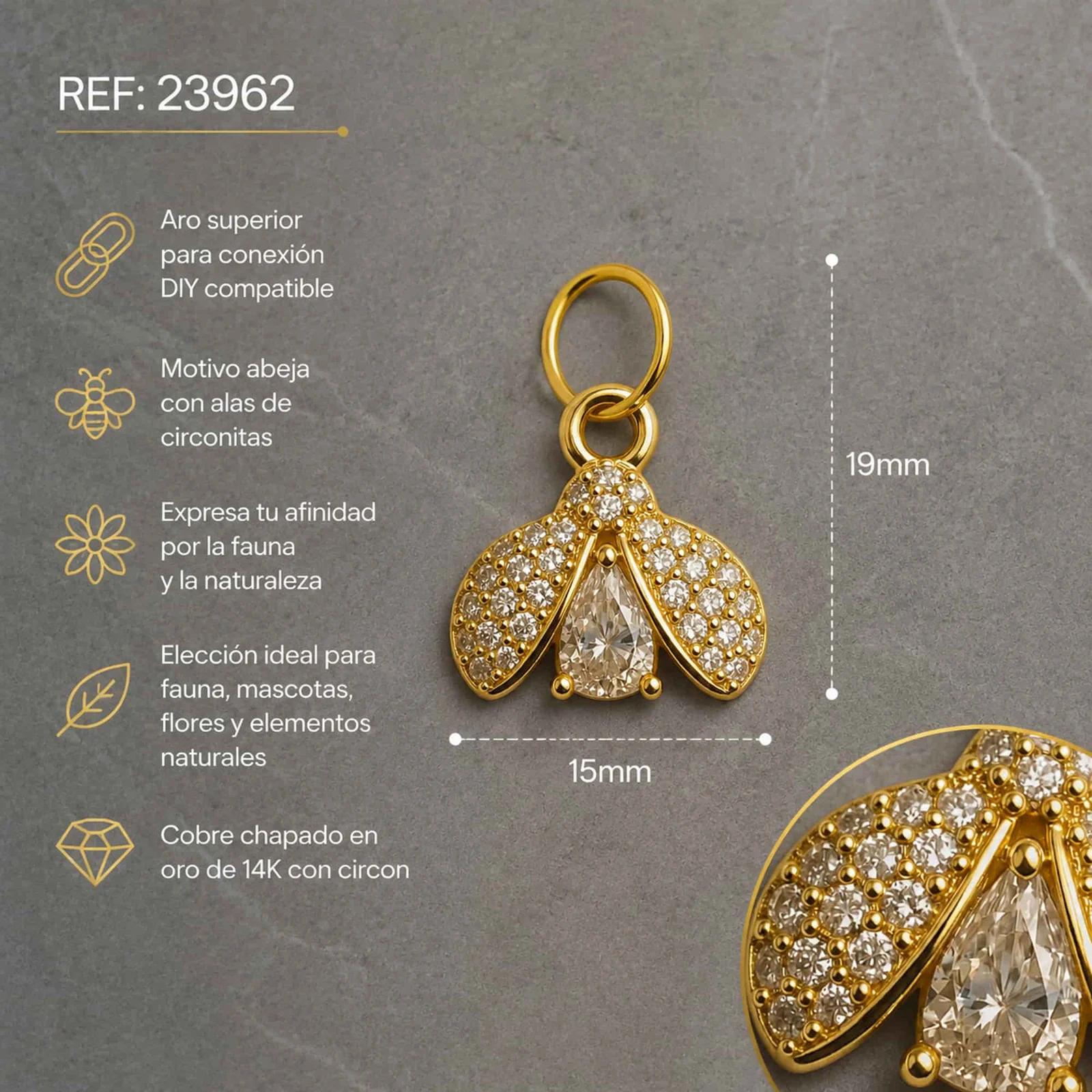 CHARM DE COBRE CHAPADO ORO 14K CON CIRCONITA