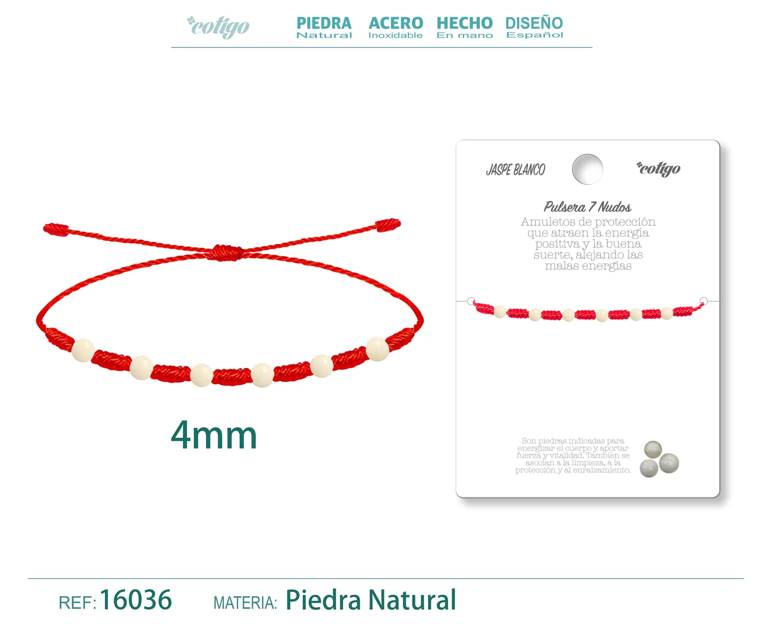 PULSERA 7 NUDOS CON  JASPE BLANCO 4MM