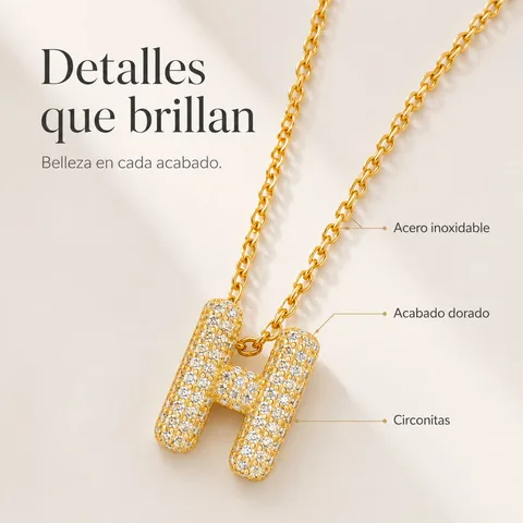 COLLAR LETRA H CON CIRCONITA  ACERO COLOR DORADO