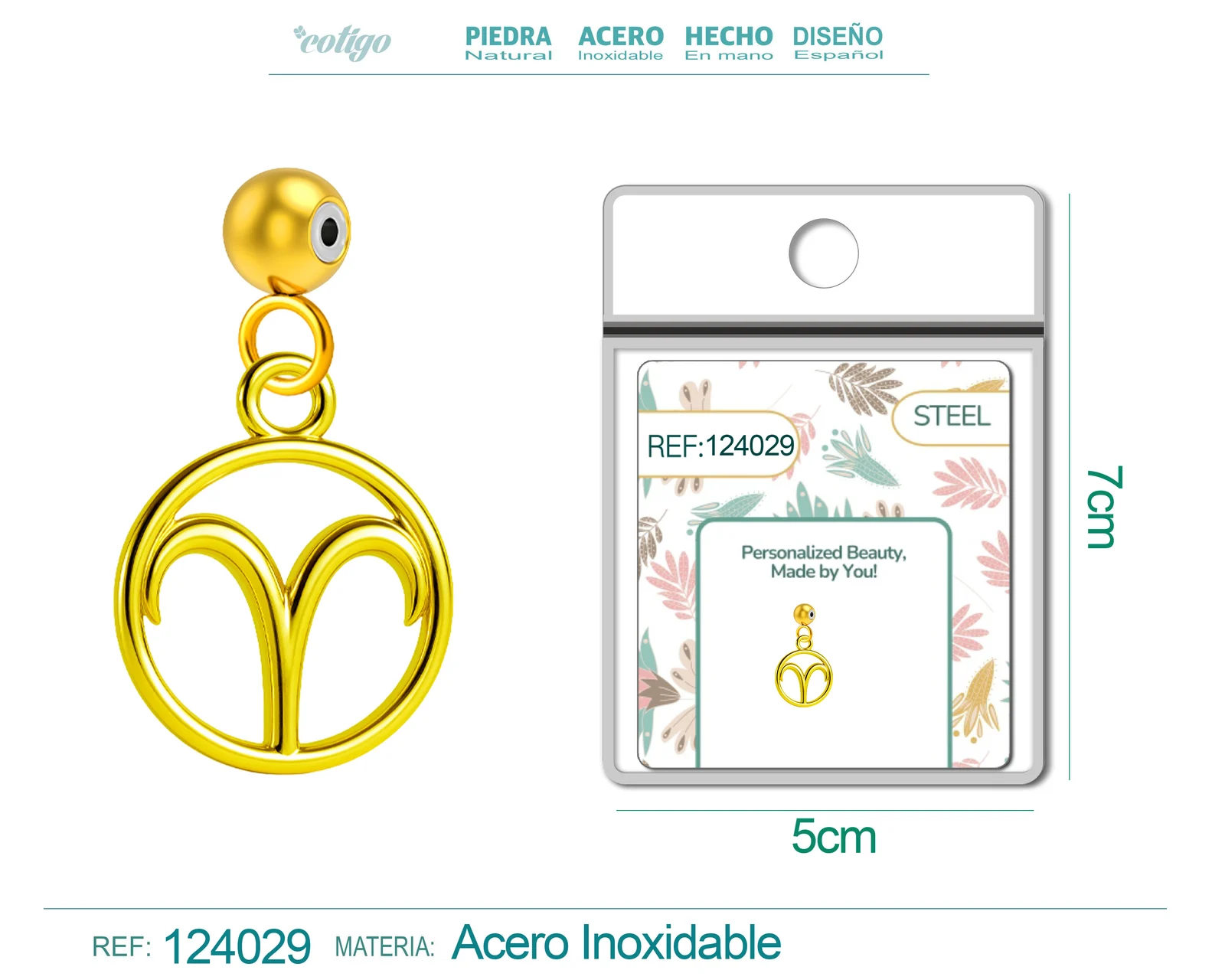CHARM DE ZODÍACO ÁRIES ACERO COLOR DORADO-CON BOLA DE GOMA