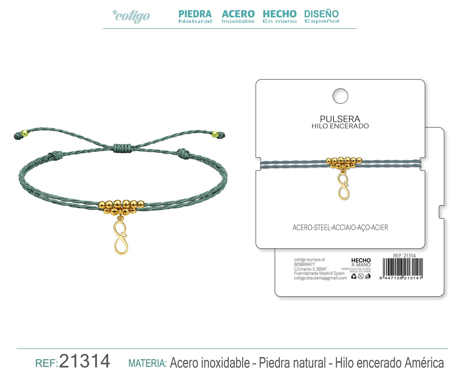 PULSERA HILO ENCERADO CON COLGANTE INFINITO ACERO DORADO