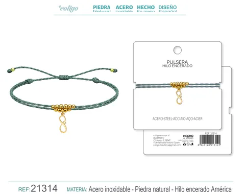 PULSERA HILO ENCERADO CON COLGANTE INFINITO ACERO DORADO