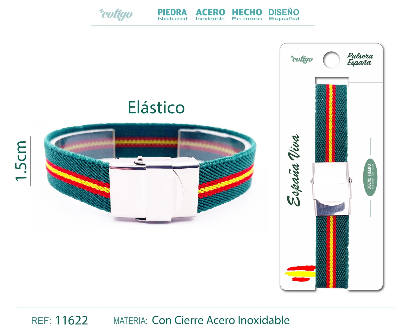 PULSERA ESPAÑA ELÁSTICO VERDE CON CIERRE ACERO