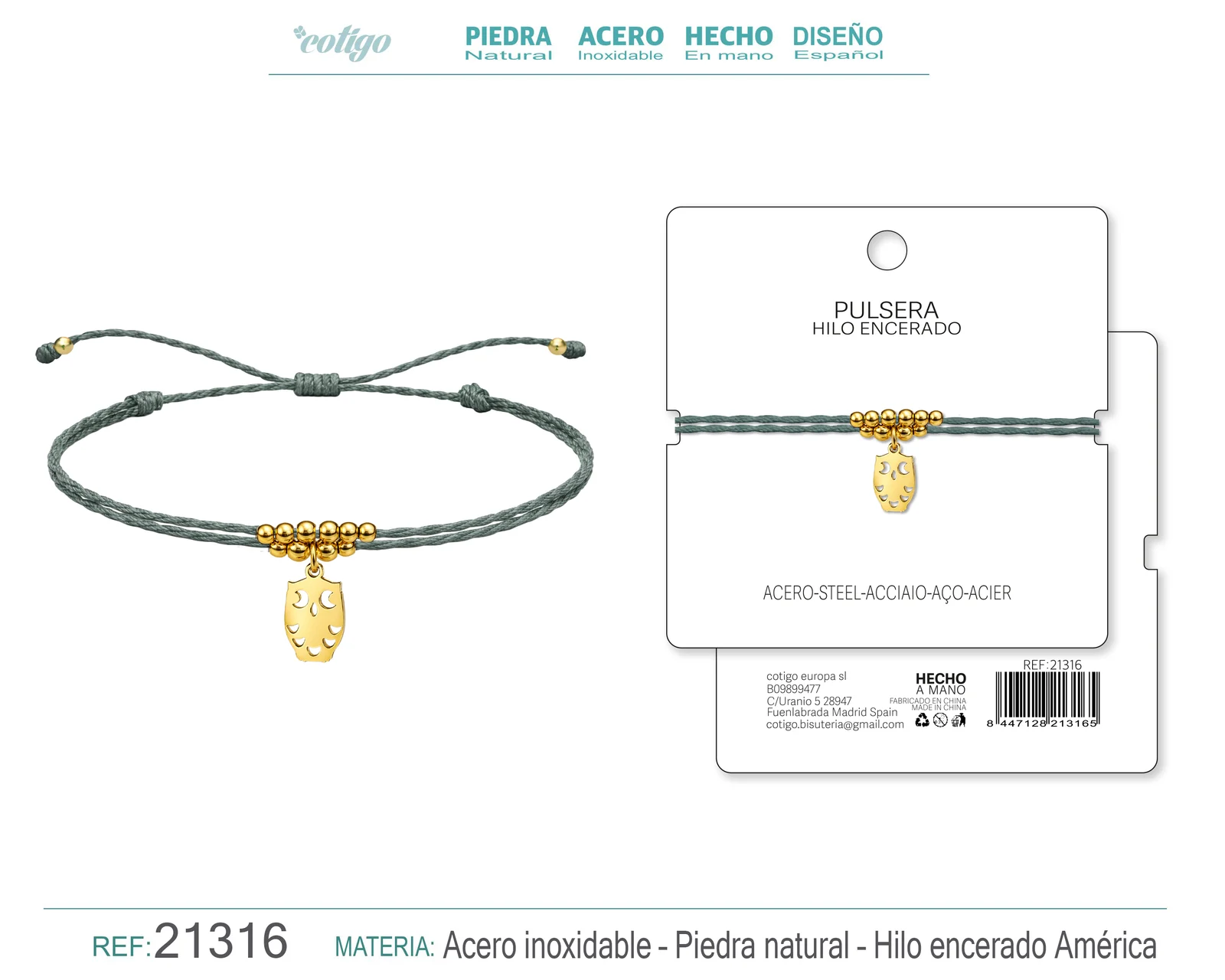 PULSERA HILO ENCERADO CON COLGANTE BUHO ACERO DORADO