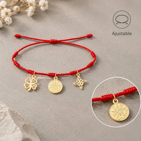 PULSERA 7 NUDOS CON TETRAGRÁMATON  NUDO DE BRUJA Y TRÉBOL DE LA SUERTE ACERO DORADO
