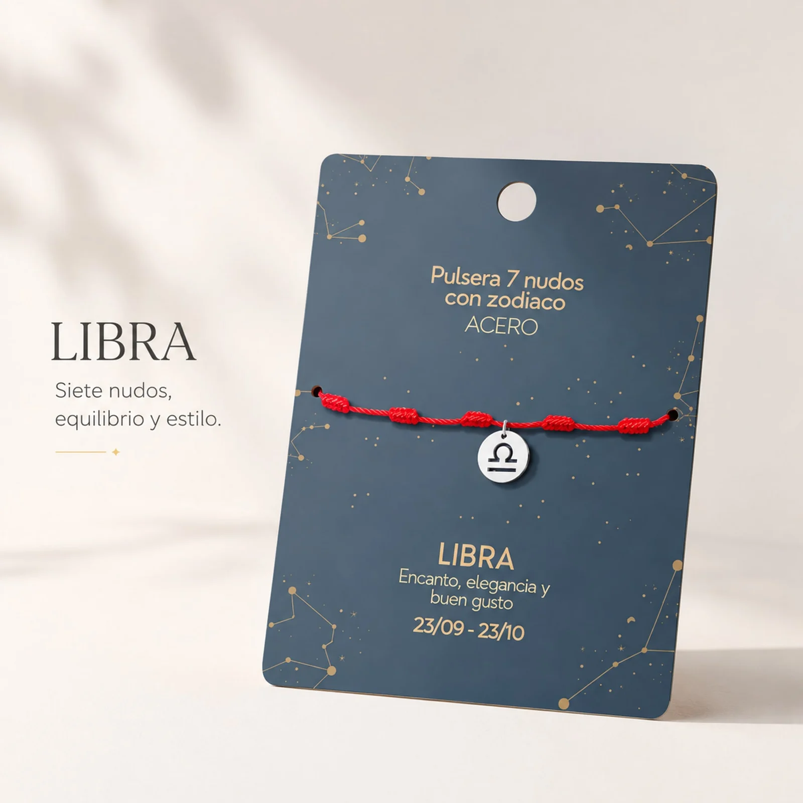 PULSERA 7 NUDOS CON LIBRA ACERO. COLOR PLATEADO
