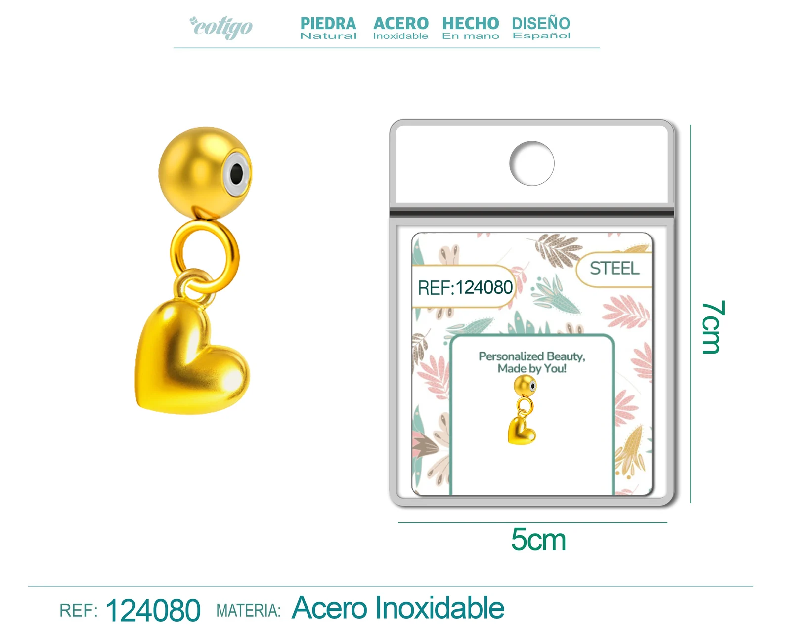 CHARM ACERO DORADO CHAPADO ORO 14 K-CON BOLA DE GOMA
