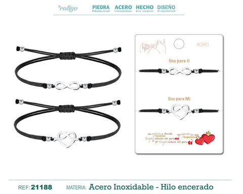 PULSERA CORAZON-INFINITIVO PLATEADO HILO NEGRO
