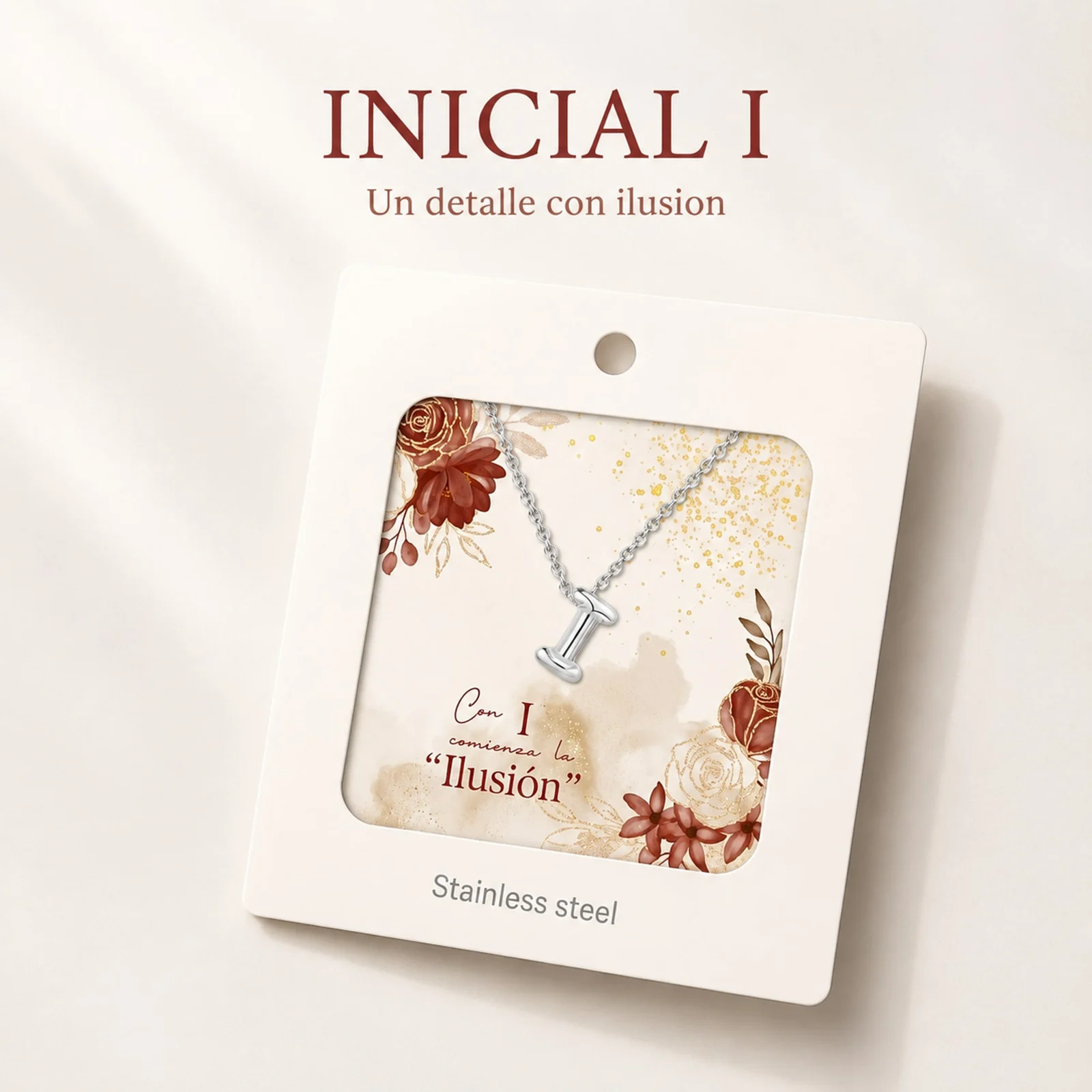 COLLAR INICIAL LETRA I ACERO CON SOBRE