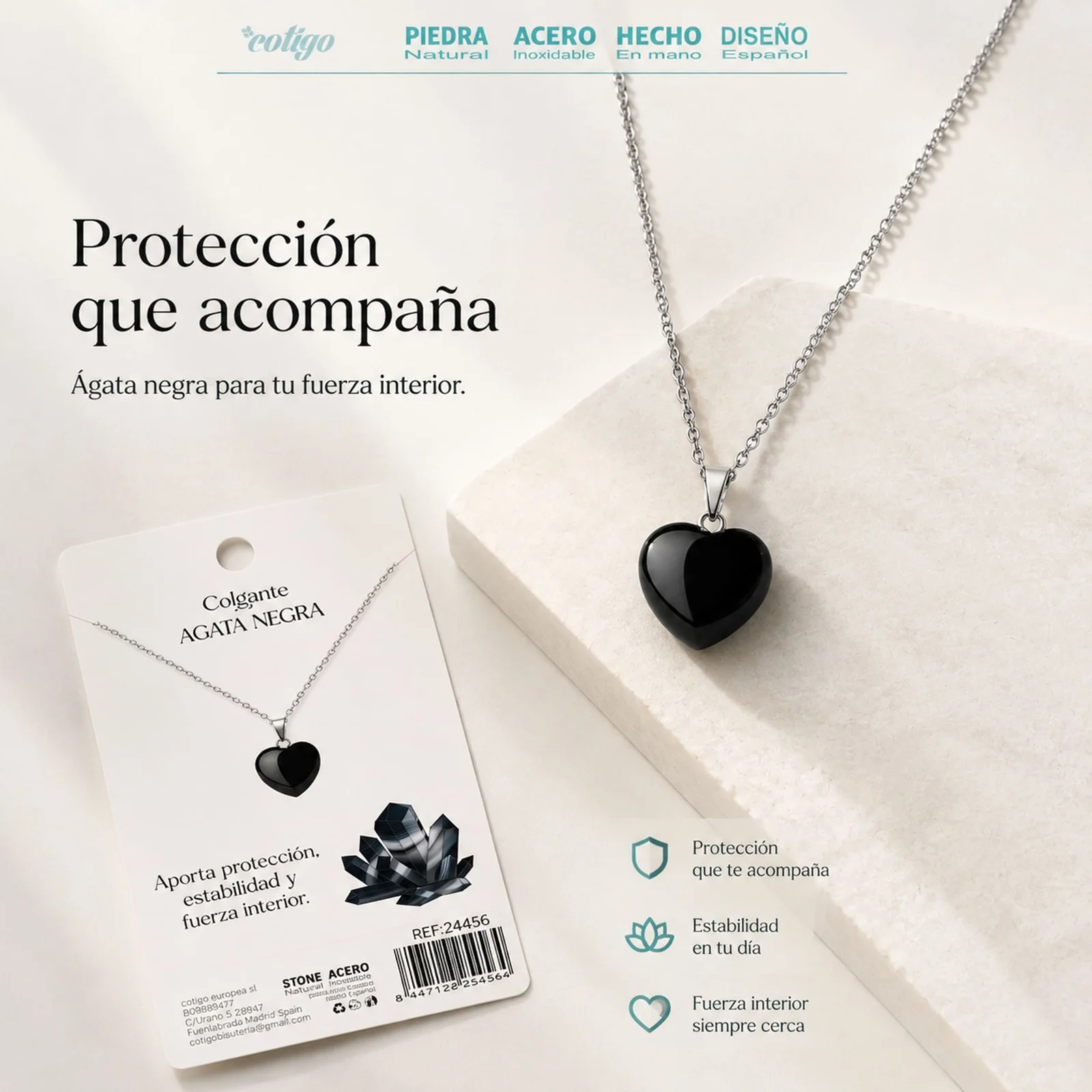 Colgante Piedra Ágata Negra con cadena Acero Inoxidable