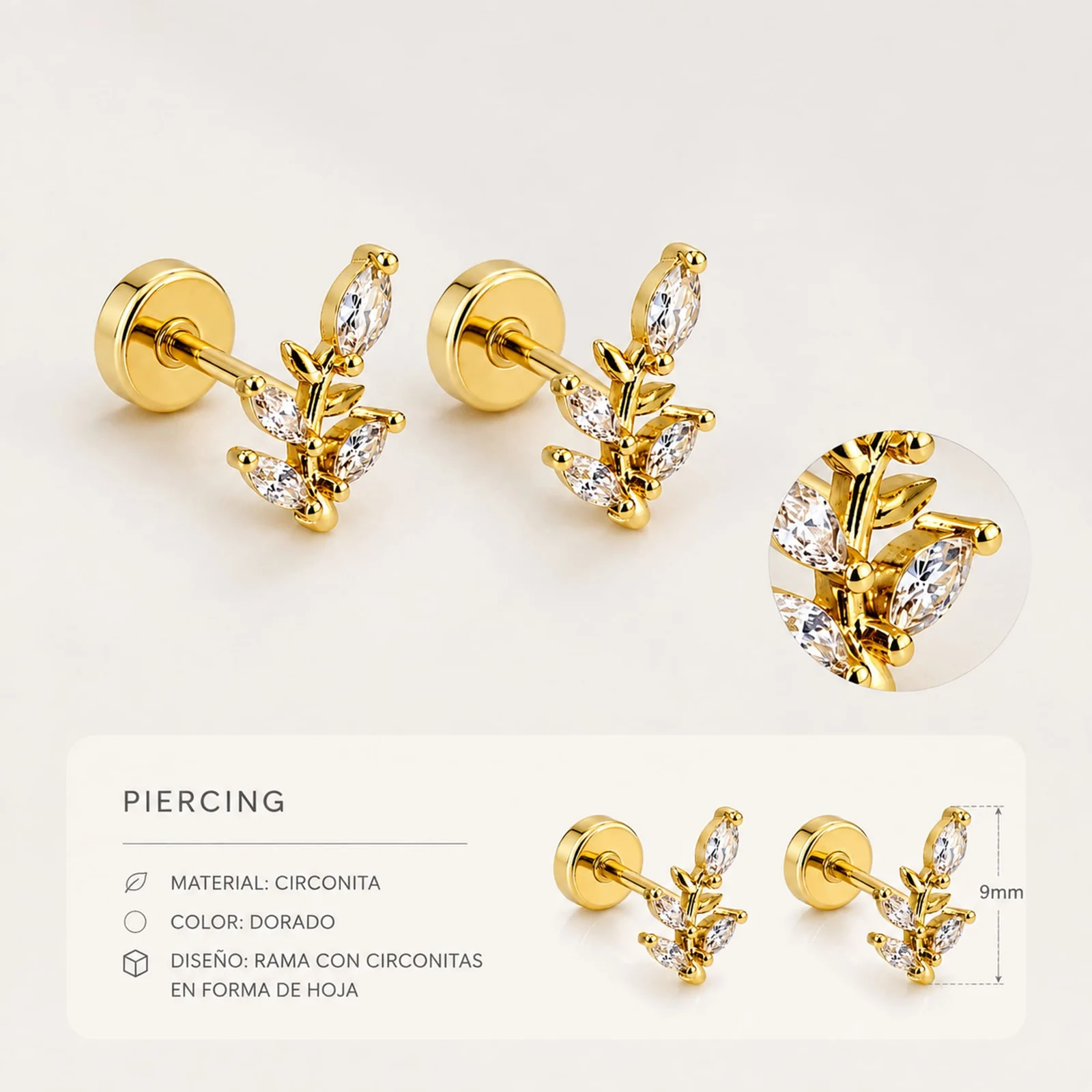 Pendiente-Piercing Bañado Oro 18K y con Circonita
